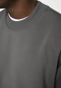 Gray sweatshirt with ribbed collar, made from soft fabric. Features embossed logo "BESTERODS" on the front. Close-up view of neckline and texture.