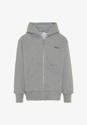 Grijze zip-up hoodie van zacht materiaal, met een voorzak, ribgebreide manchetten en een klein logo op de linkerborst.