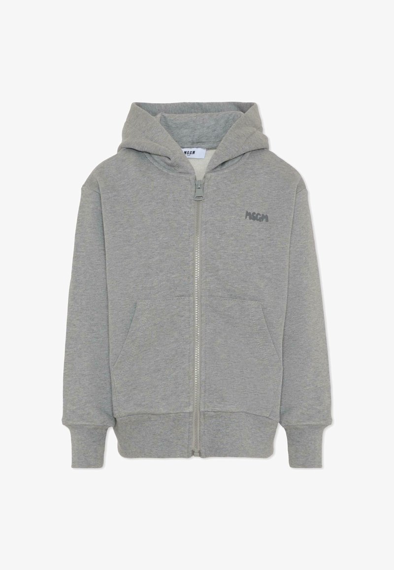 Felpa grigia con zip realizzata in tessuto morbido, dotata di tasca frontale, polsini a costine e un piccolo logo sulla parte sinistra del petto.