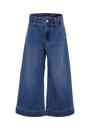 Culottes in denim con un design a gamba larga, vita media, lavaggio blu scuro e orli risvoltati. Include chiusura frontale con bottone e tasche.