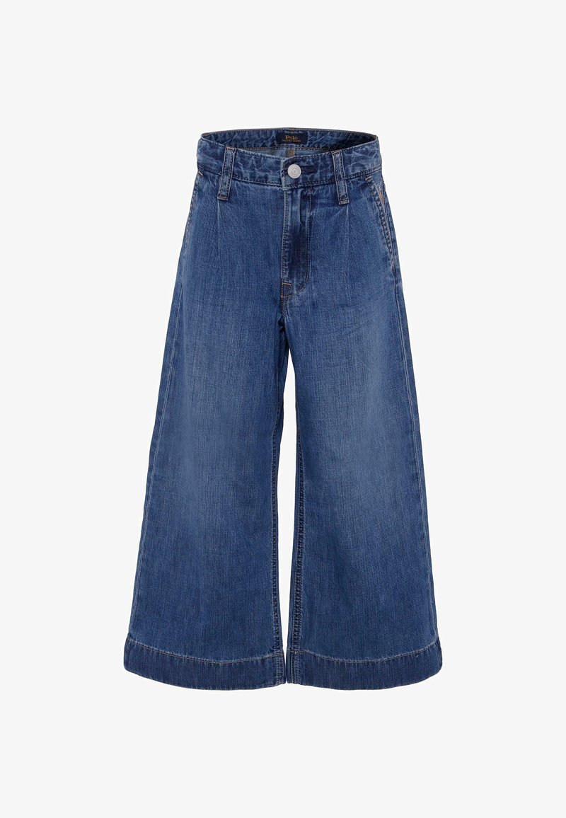 Culottes in denim con un design a gamba larga, vita media, lavaggio blu scuro e orli risvoltati. Include chiusura frontale con bottone e tasche.