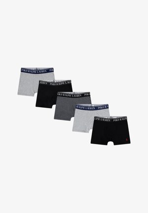 Cinco pares de bóxer: gris, negro y azul, con cinturillas elásticas que llevan el logo de "POLO RALPH LAUREN" y un pequeño emblema de poni en un par.