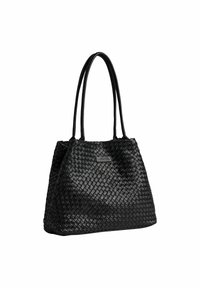 Borsa tote in pelle intrecciata nera con due manici lunghi, caratterizzata da una superficie testurizzata e un piccolo logo in rilievo.