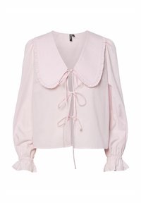 Blusa rosa con un ampio colletto a volant, fiocco sul davanti e maniche a sbuffo con polsini elastici. Tessuto dalla texture liscia.