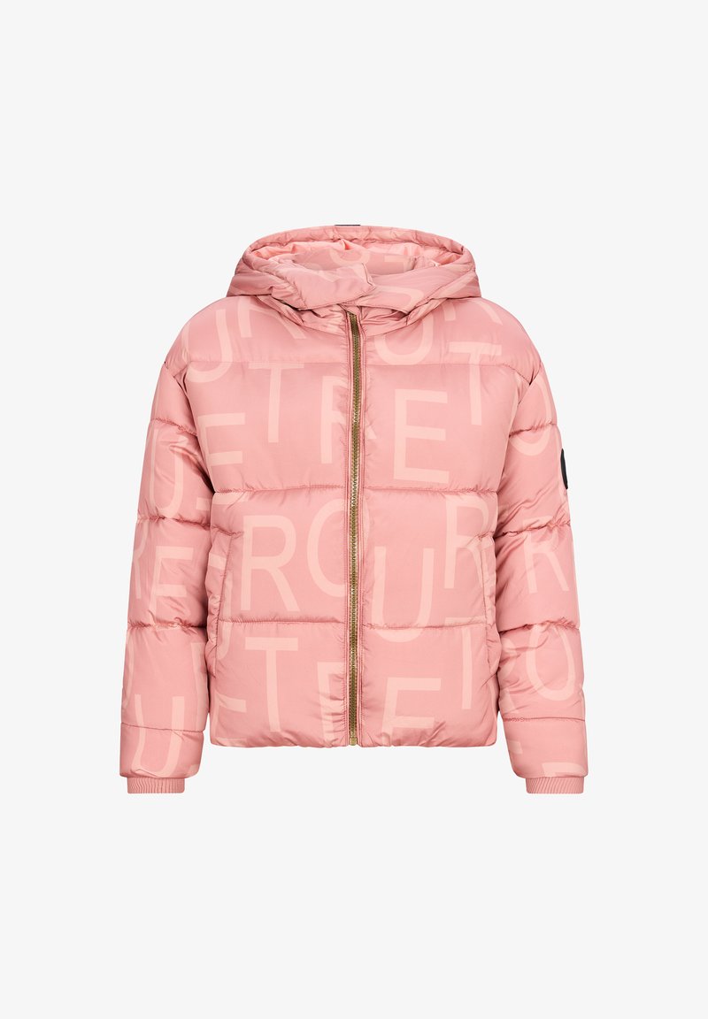 Giacca a sacco rosa con chiusura a zip, cappuccio e grande motivo testuale tono su tono. Presenta polsini a coste e un dettaglio della zip dorata.