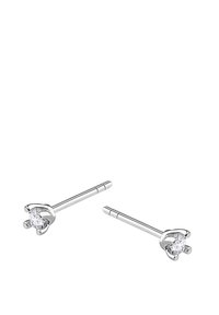 Srebrne kolczyki wkrętki z przezroczystym, okrągłym kamieniem szlachetnym, z czteropunktowym mocowaniem i smukłym uchwytem do zakupu w uchu.