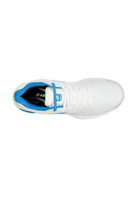 Chaussure de sport blanche avec une tige en mesh léger. Accents bleus autour des lacets et du col. Semelle texturée pour l'adhérence. Semelle intérieure Ortholite.