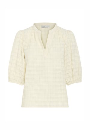 Kremowa bluzka z teksturowanym wzorem, krótkimi bufkami i dekoltem w kształcie V. Wykonana z lekkiego, oddychającego materiału.