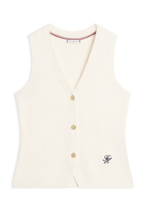 Cream sleeveless buttoned vest with a V-neck and a small embroidered navy logo near the hem.