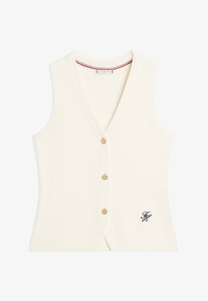 Cream sleeveless buttoned vest with a V-neck and a small embroidered navy logo near the hem.