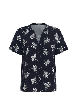 Short-sleeve navy blouse featuring a floral white print, V-neckline, and button-down front. Made from soft, lightweight fabric.