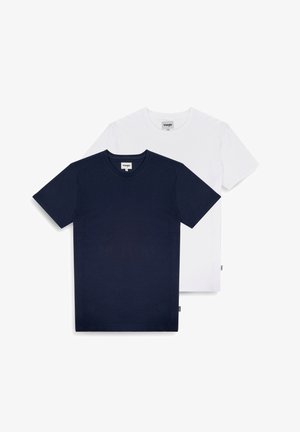 Pakiet bawełnianych t-shirtów, zawierający granatową koszulkę z przodu i białą koszulkę z tyłu. Obie mają okrągłe dekolty i krótkie rękawy.