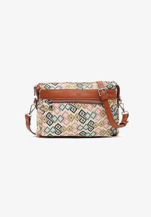 Vævet stof crossbody taske med farverige diamantmønstre, brune læderdetaljer, sølvhardware og en justerbar rem.
