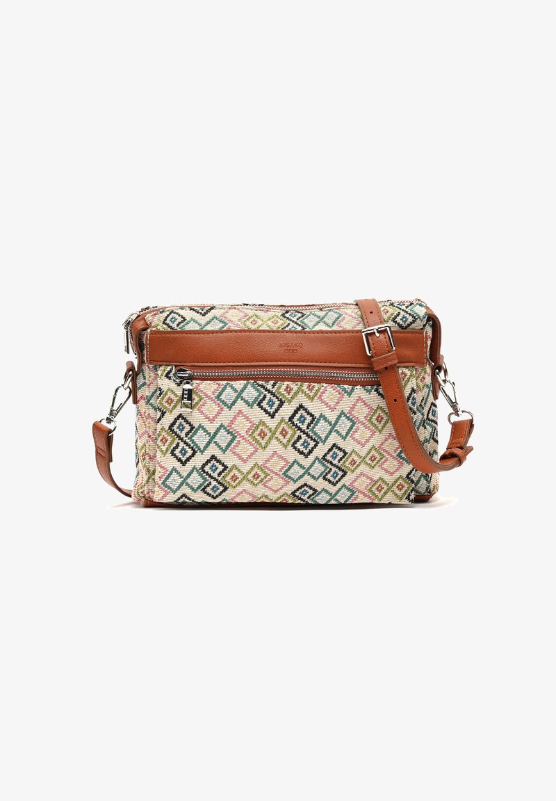 Kudotusta kankaasta valmistettu olkalaukku, jossa on värikkäitä timanttikuosisia yksityiskohtia, ruskeita nahkaakkosia, hopeista metalliosaa ja säädettävä hihna.