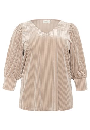 Beige Samt-Top mit vertikalen Streifen, V-Ausschnitt und drei Viertel Puffärmeln. Weicher Stoff, lässige Passform und gerippte Akzente.