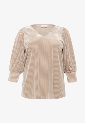 Beige Samt-Top mit vertikalen Streifen, V-Ausschnitt und drei Viertel Puffärmeln. Weicher Stoff, lässige Passform und gerippte Akzente.