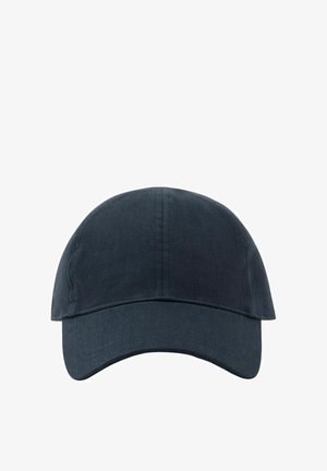 Schwarze Baumwoll-Baseballkappe mit gebogenem Schirm und sichtbaren Nähten, von vorne auf weißem Hintergrund gezeigt.