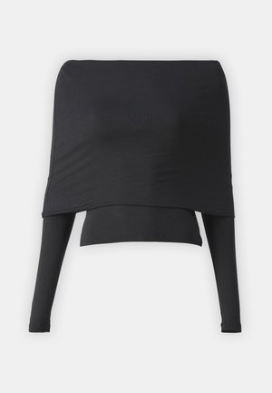 Black off-the-shoulder top with long sleeves, made from a smooth, stretchy fabric. Features a loose fit and minimalist design.