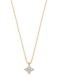 Gouden ketting met een kleine, bloemvormige hanger met vier heldere edelstenen in een symmetrische opstelling. Eenvoudig en elegant ontwerp.