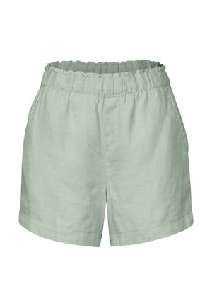 Lichtgroene linnen shorts met een elastische taille, gerimpelde rand en zijzakken. Eenvoudig ontwerp met een rechte snit en geen zichtbare sluitingen.