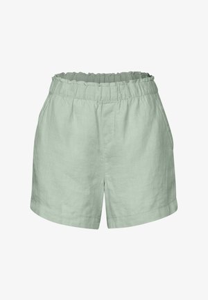 Lichtgroene linnen shorts met een elastische taille, gerimpelde rand en zijzakken. Eenvoudig ontwerp met een rechte snit en geen zichtbare sluitingen.