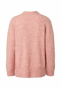 Roze gebreide trui, textiel met een licht gemêleerd patroon, ronde hals, lange mouwen, en geribbelde manchetten en onderrand.