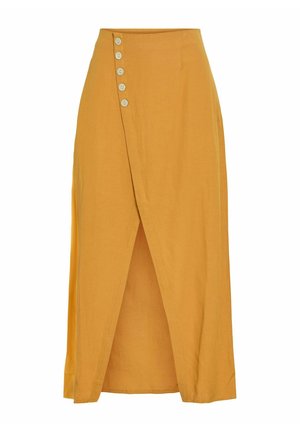 Mustár sárga átvetős szoknya elülső hasítékkal és öt fehér gombbal, amelyek függőlegesen helyezkednek el a bal oldali derékszíjon.