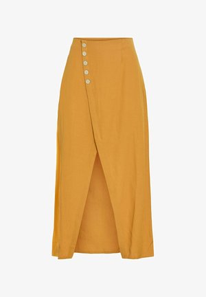 Sennepsgul omslagskjørt med frontsplitt og fem hvite knapper vertikalt plassert på venstre side av midjebåndet.