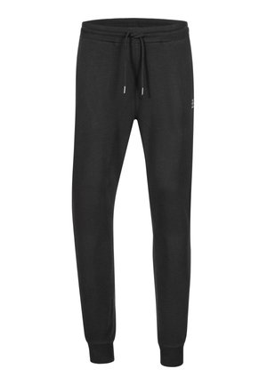 Black sweatpants made of soft fabric, featuring an elastic waistband with drawstring, ribbed cuffs, and a small logo accent.
