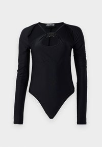 Bodysuit preto de manga longa com um detalhamento em corte redondo no peito, feito de um tecido suave. Apresenta um design de olho de fechadura e costuras subtis.