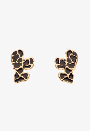 Arany tónusú fülbevalók szabálytalan fekete zománc foltokkal, absztrakt állatmintás klaszterek alakjában, fehér háttér előtt bemutatva.