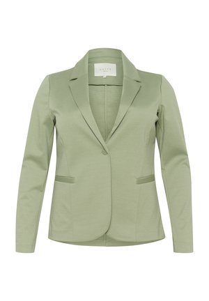 Green, fitted blazer with a smooth texture, notched lapels, and two front pockets. Equipped with a single button closure.