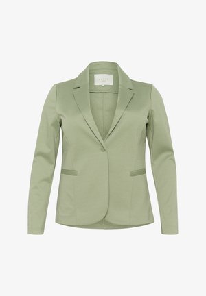 Green, fitted blazer with a smooth texture, notched lapels, and two front pockets. Equipped with a single button closure.