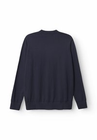 Pulover bleumarin cu mâneci lungi, decolteu rotund, manșete ribate și un tiv ușor elastic pentru un fit confortabil.