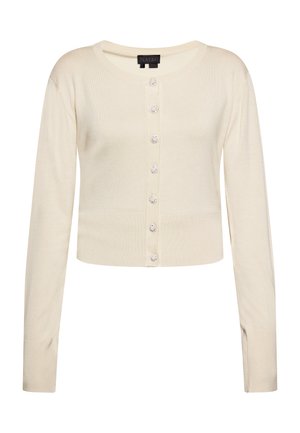 Cardigan color crema con maniche lunghe, scollatura rotonda, chiusura frontale con bottoni decorativi lucidi e un design aderente.