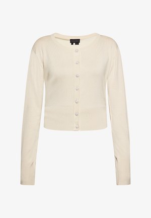 Cream-colored cardigan with long sleeves, rounded neckline, front button closure featuring shiny, decorative buttons, and a fitted design.