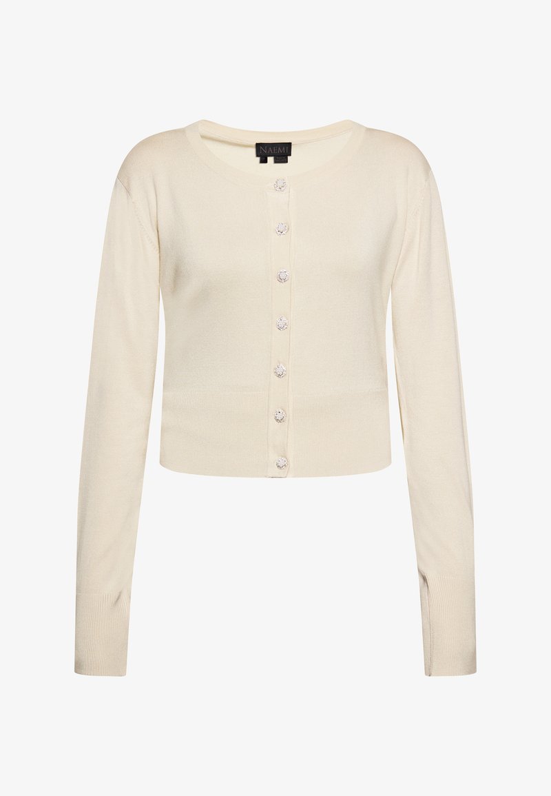 Kardigan w kolorze kremowym, z długimi rękawami, okrągłym dekoltem, zamek na guziki z przodu, ozdobionymi błyszczącymi guzikami i dopasowanym krojem.