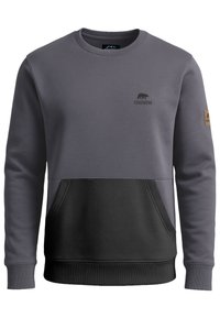 Grauer und schwarzer Sweatshirt mit langen Ärmeln, rundem Ausschnitt, Fronttasche, Logoschild am Ärmel sowie gerippten Bündchen und Saum.