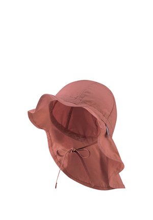 Rosa Stoffsonnenhut mit einer breiten, geschwungenen Krempe und einem Zugverschluss. Verfügt über eine glatte Textur und ein leichtes Design.