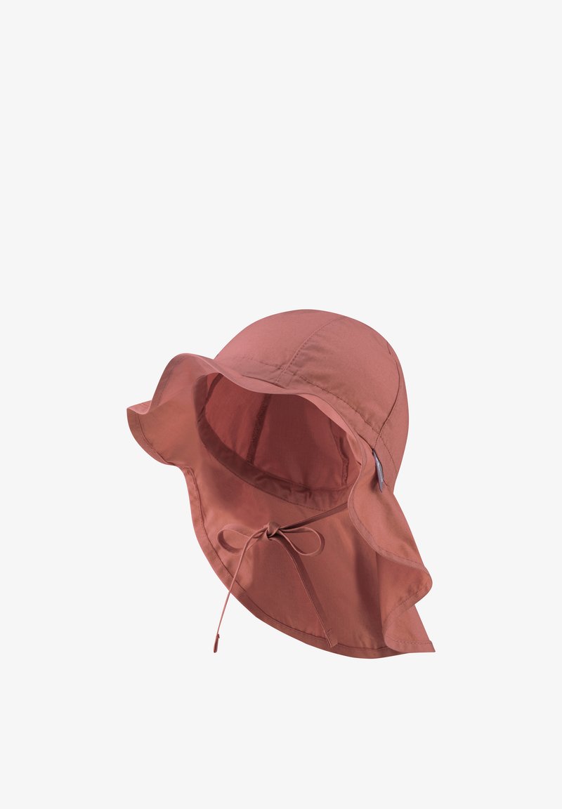 Rosa Stoffsonnenhut mit einer breiten, geschwungenen Krempe und einem Zugverschluss. Verfügt über eine glatte Textur und ein leichtes Design.