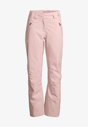 Lichtroze skibroek gemaakt van een gladde, rekbare stof. Kenmerken zijn onder andere twee zijzakken, een slanke snit en verstevigde kniegedeeltes.