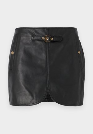 Black leather skirt with a fitted design, straight cut, gold hardware accents, side pockets, and a belted waist detail.