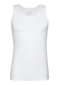 White sleeveless tank top made of smooth, stretchy fabric. Features a rounded neckline and straight hem. Logo printed near the bottom.