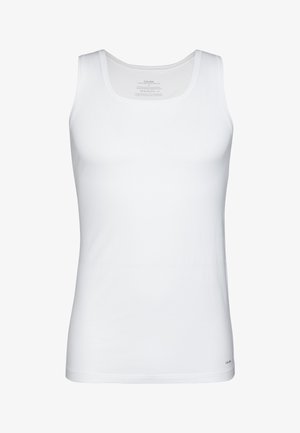 Canotta bianca senza maniche realizzata in tessuto liscio e elasticizzato. Presenta un colletto rotondo e orlo dritto. Logo stampato vicino al fondo.