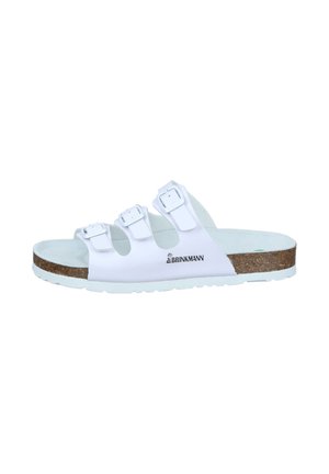 White slide sandal with three adjustable buckled straps, cork footbed, and white sole, labeled Dr. Brinkmann on the side.