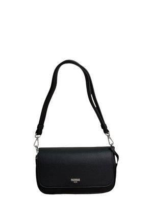 Borsa a spalla in pelle nera con texture, tracolla regolabile, chiusura a patta e piccolo logo PASHBAG argentato al centro anteriore.