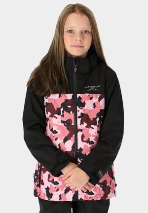 Sort og pink camouflagesjakke med lynlås, der har en hætte og elastiske manchetter. Designet inkluderer varierende nuancer af pink og bordeaux.