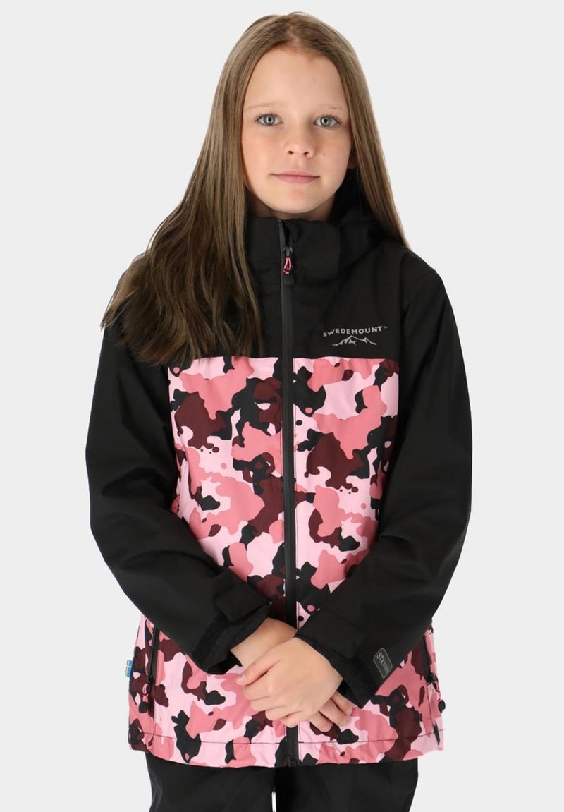 Black and pink camo jacket with a zip closure, featuring a hood and elastic cuffs. The design includes varying shades of pink and maroon.