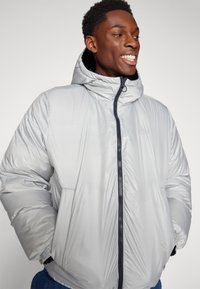 Chaqueta de plumas plateada ligera con cuello alto y cierre de cremallera, que cuenta con una cremallera de acento en azul marino y puños elásticos, textura suave.