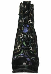 Black suede ankle boot with floral pattern, metallic accents, and lace-up front. Features decorative stitching and rounded toe.